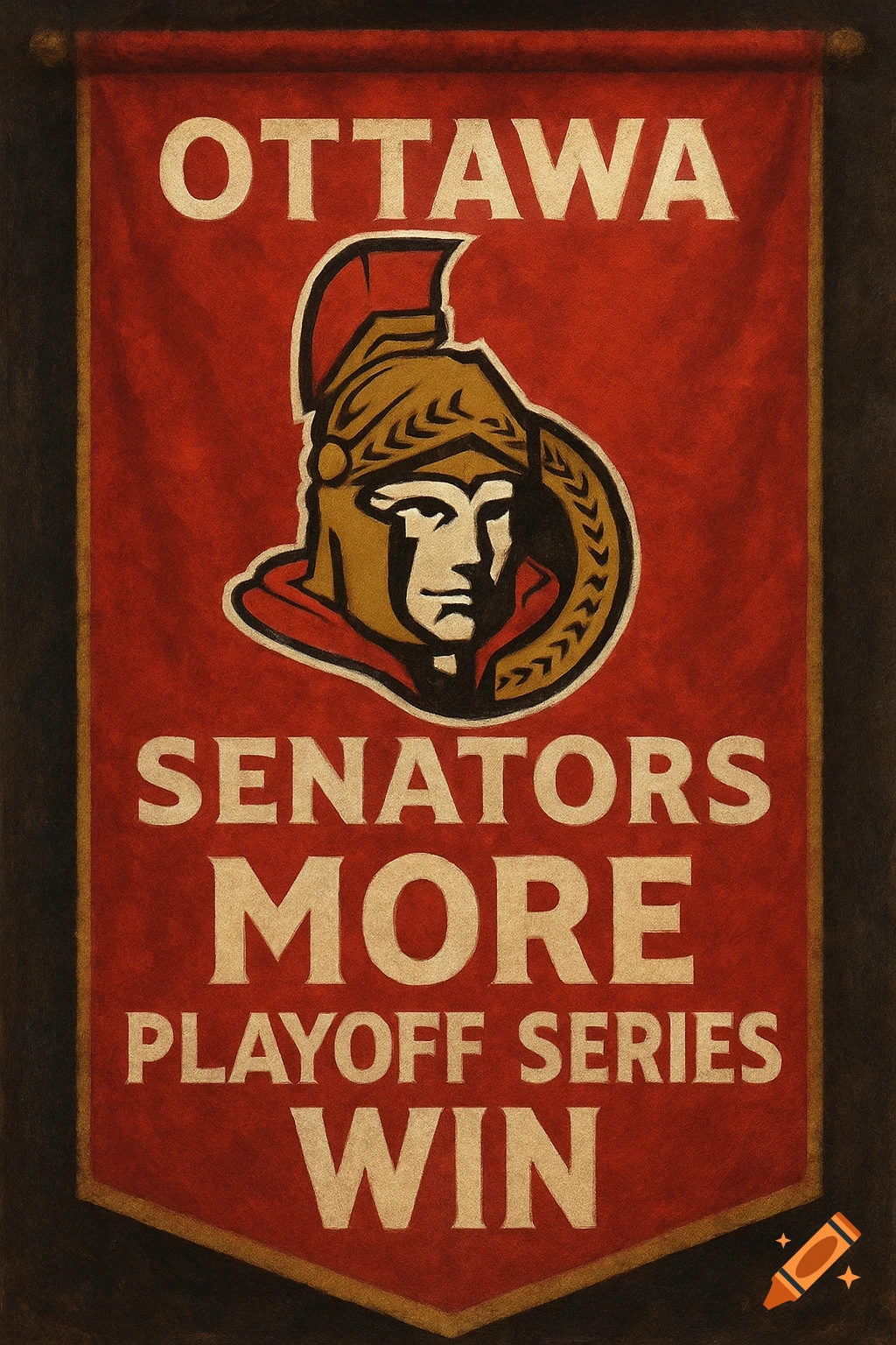 A red banner with the Ottawa Senators logo and text 'OTTAWA SENATORS MORE PLAYOFF SERIES WIN' in a rustic style.