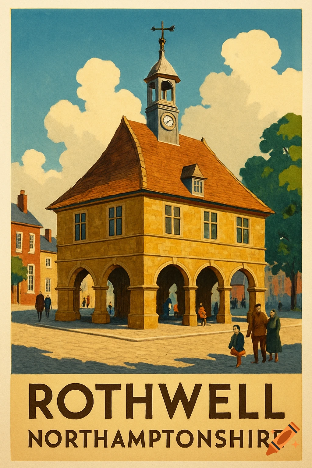 Vintage travel poster of Rothwell Market House in Northamptonshire, featuring a yellow building with arches and a clock tower under a blue sky.