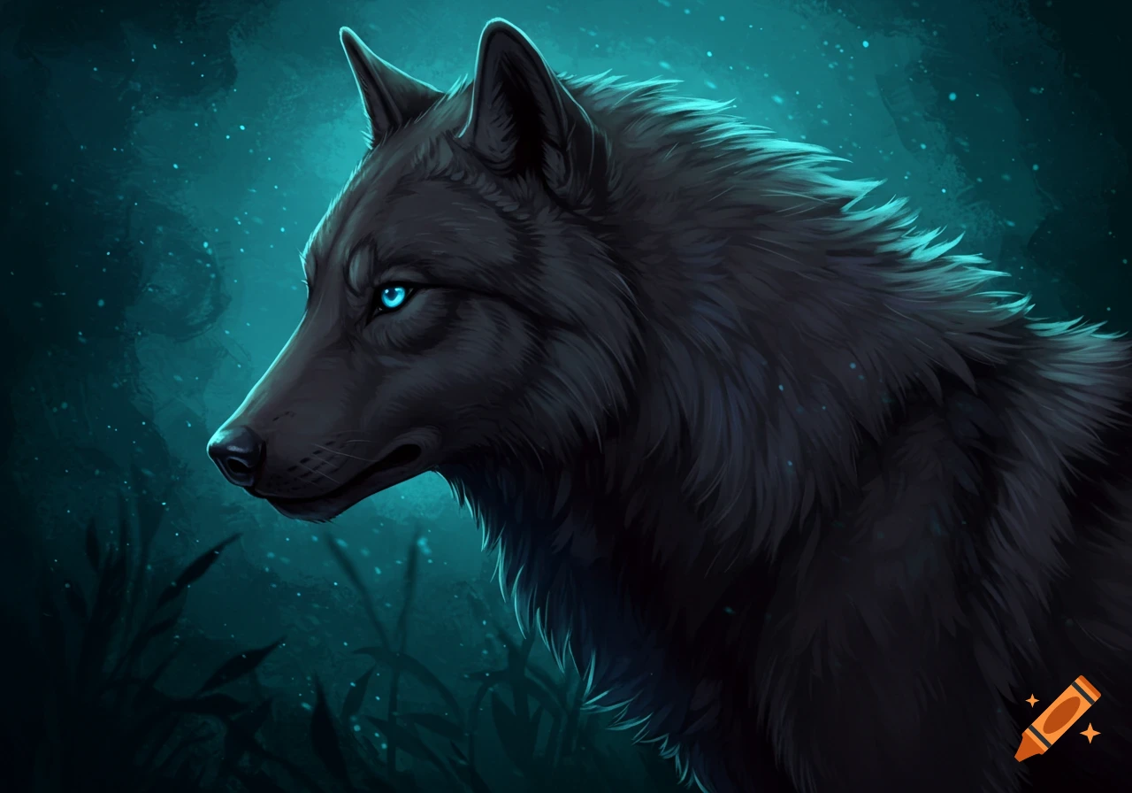A stylized black wolf with piercing blue eyes looks to the left, set against a dark teal background with sparkling specks.