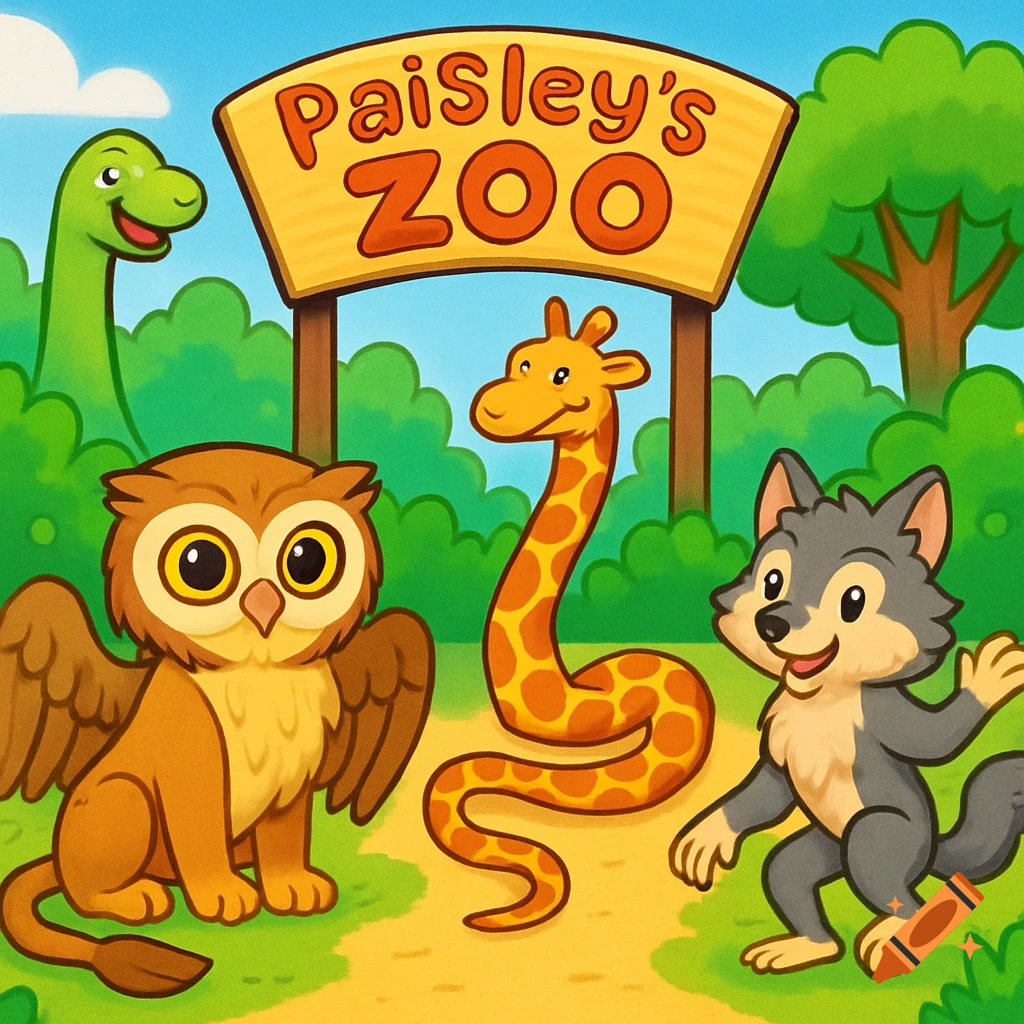 A colorful cartoon zoo scene with a sign for Paisley's Zoo, featuring a dinosaur, an owl-lion hybrid, a giraffe-snake, and a wolf-monkey.
