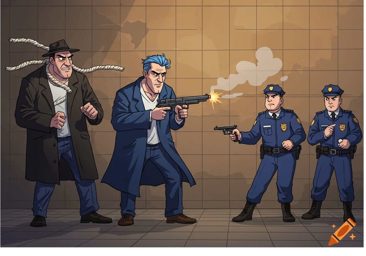 A cartoon illustration shows two stylized gangsters confronting two police officers. The blue-haired gangster in a trench coat fires a gun towards the police, while the officer on the left points a pistol at him. The other gangster, with ropes around his neck, stands ready to fight. The scene takes place against a tiled wall.
