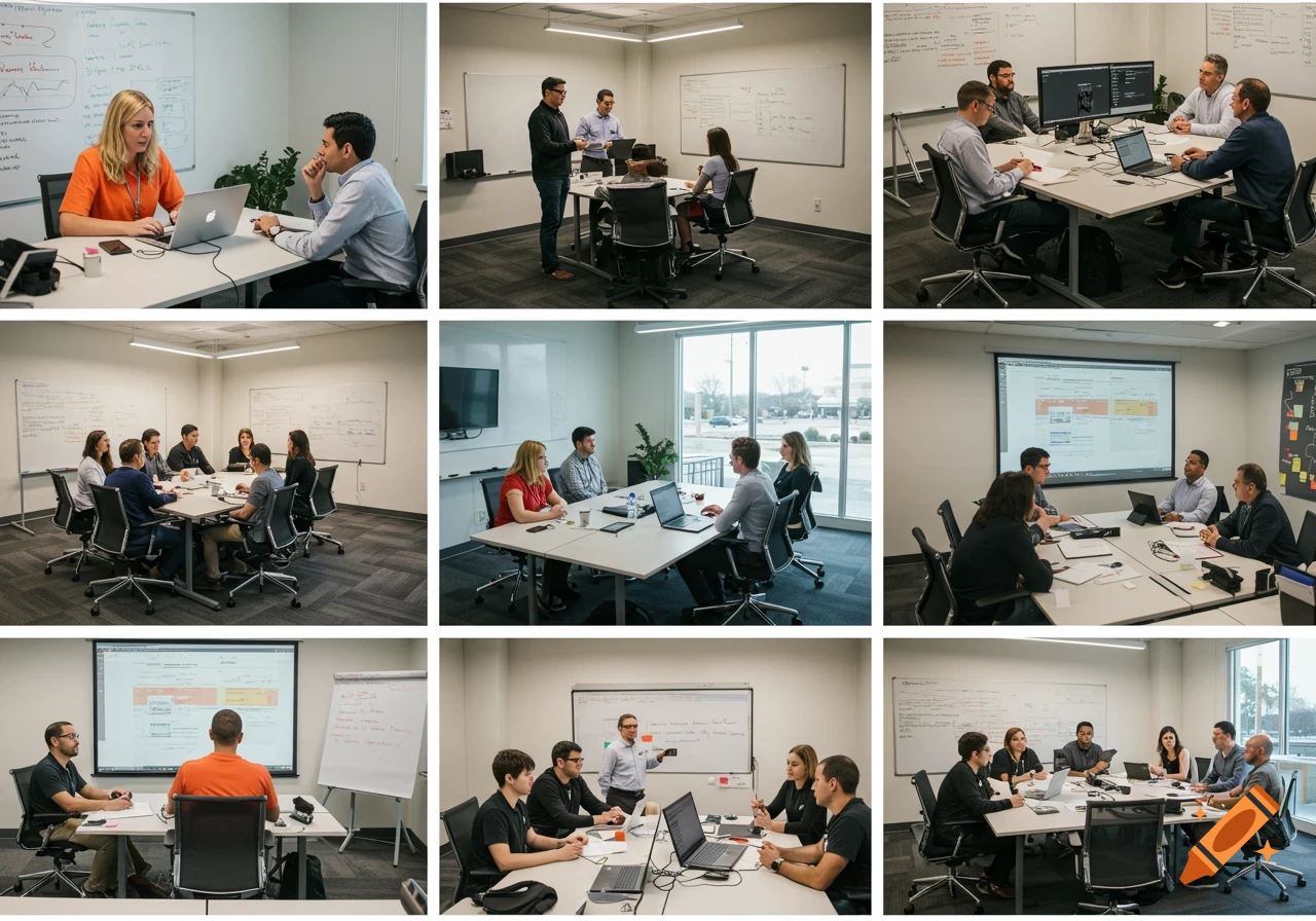 A grid of nine photos showing a marketing team collaborating in a modern office and conference room.