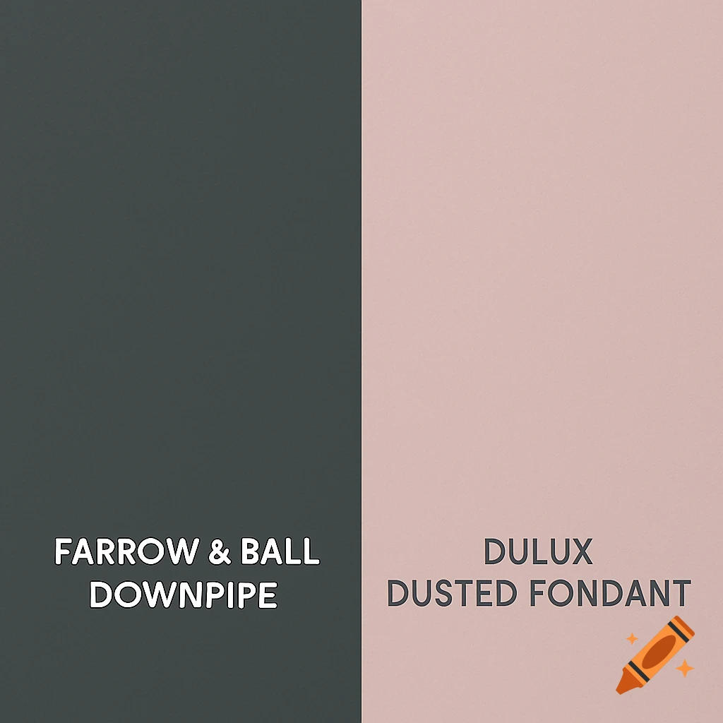 A split image showing a dark charcoal Farrow & Ball Downpipe paint swatch on the left and a light pink Dulux Dusted Fondant paint swatch on the right.