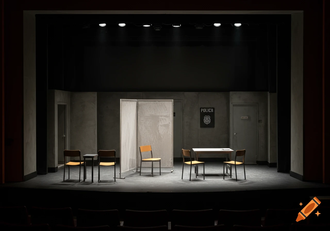 A dark theatre stage with a detailed police station set including a table, chairs, doors, and a room divider.