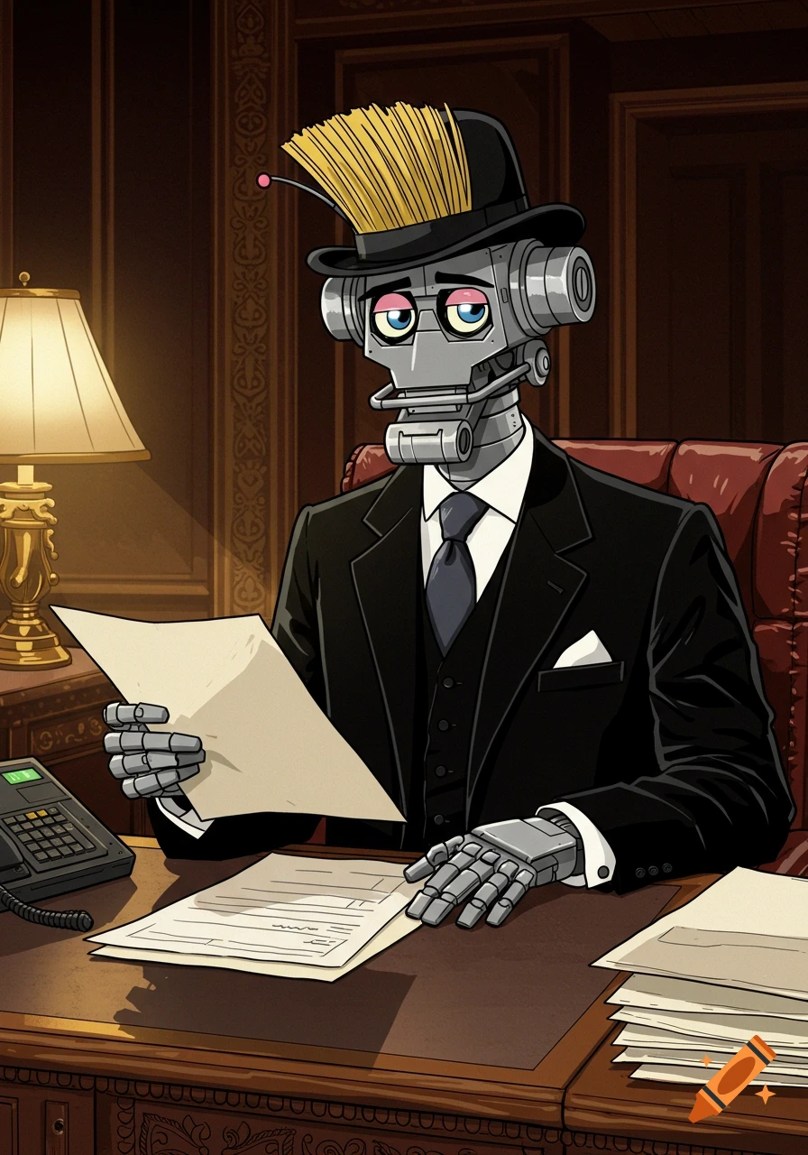 An illustrated robot in a suit and bowler hat sits at a wooden office desk, holding a document. A lamp and phone are also on the desk.