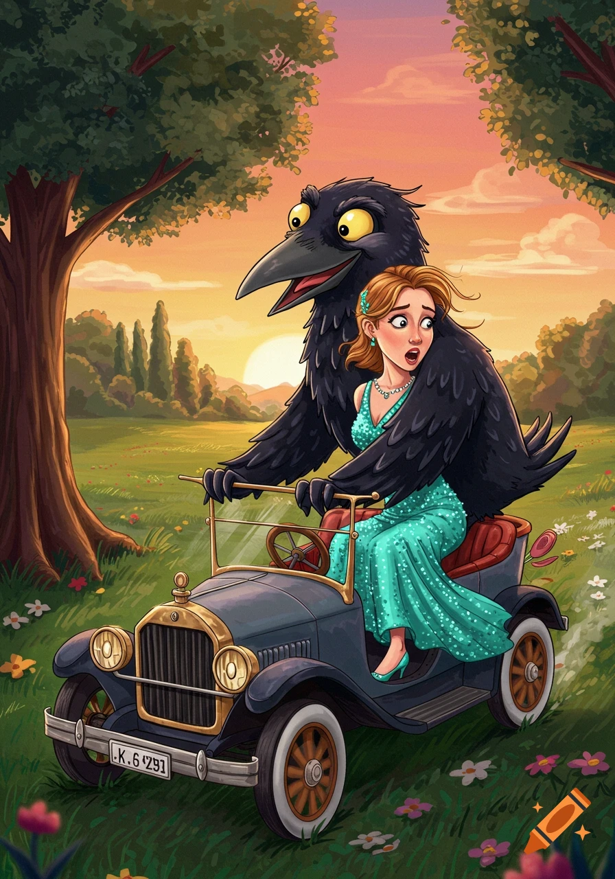 A large anthropomorphic black crow drives a vintage car through a grassy field at sunset, with a woman passenger looking scared. Illustrated style.