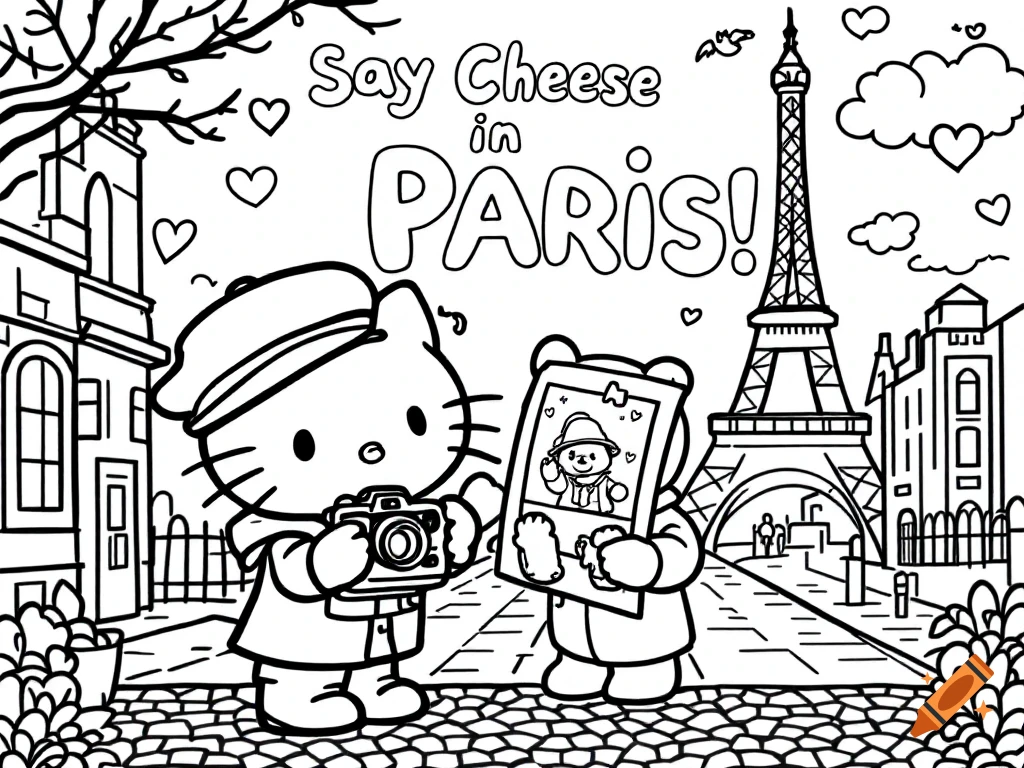 Black and white coloring page of Hello Kitty taking a photo of Paddington Bear in front of the Eiffel Tower, with text "Say Cheese in Paris!".
