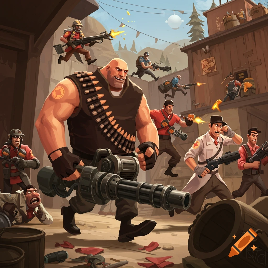 Cartoon battlefield scene from Team Fortress 2, featuring several mercenaries like Heavy, Soldier, Medic, and Engineer in action.