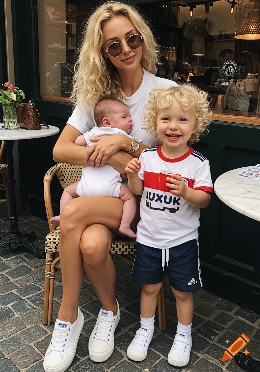 A woman holding a baby sits outside a cafe with a smiling toddler standing next to her. All three have curly blonde hair.