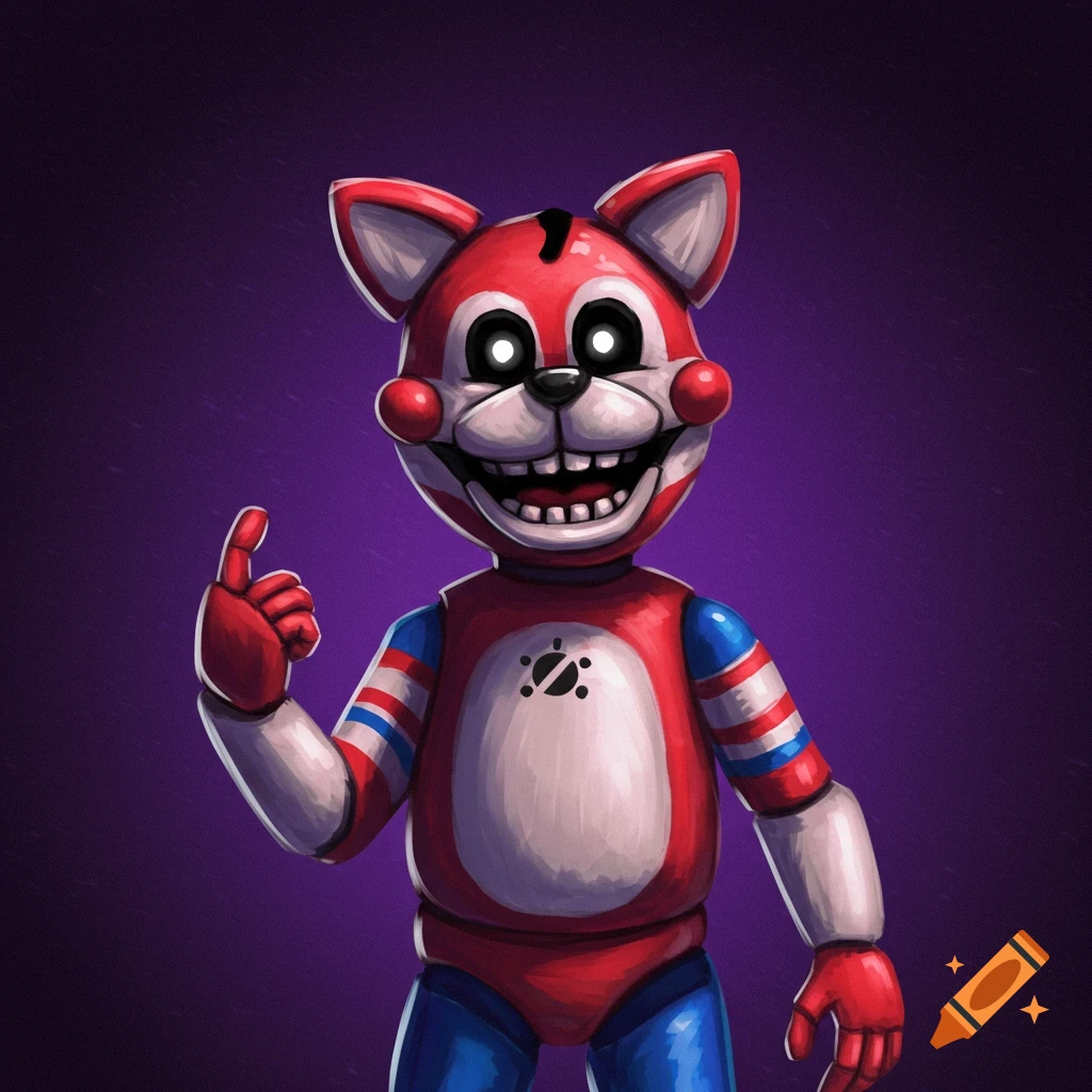A creepy red and white animatronic cat with glowing white eyes and a wide smile, pointing its finger, against a purple background.