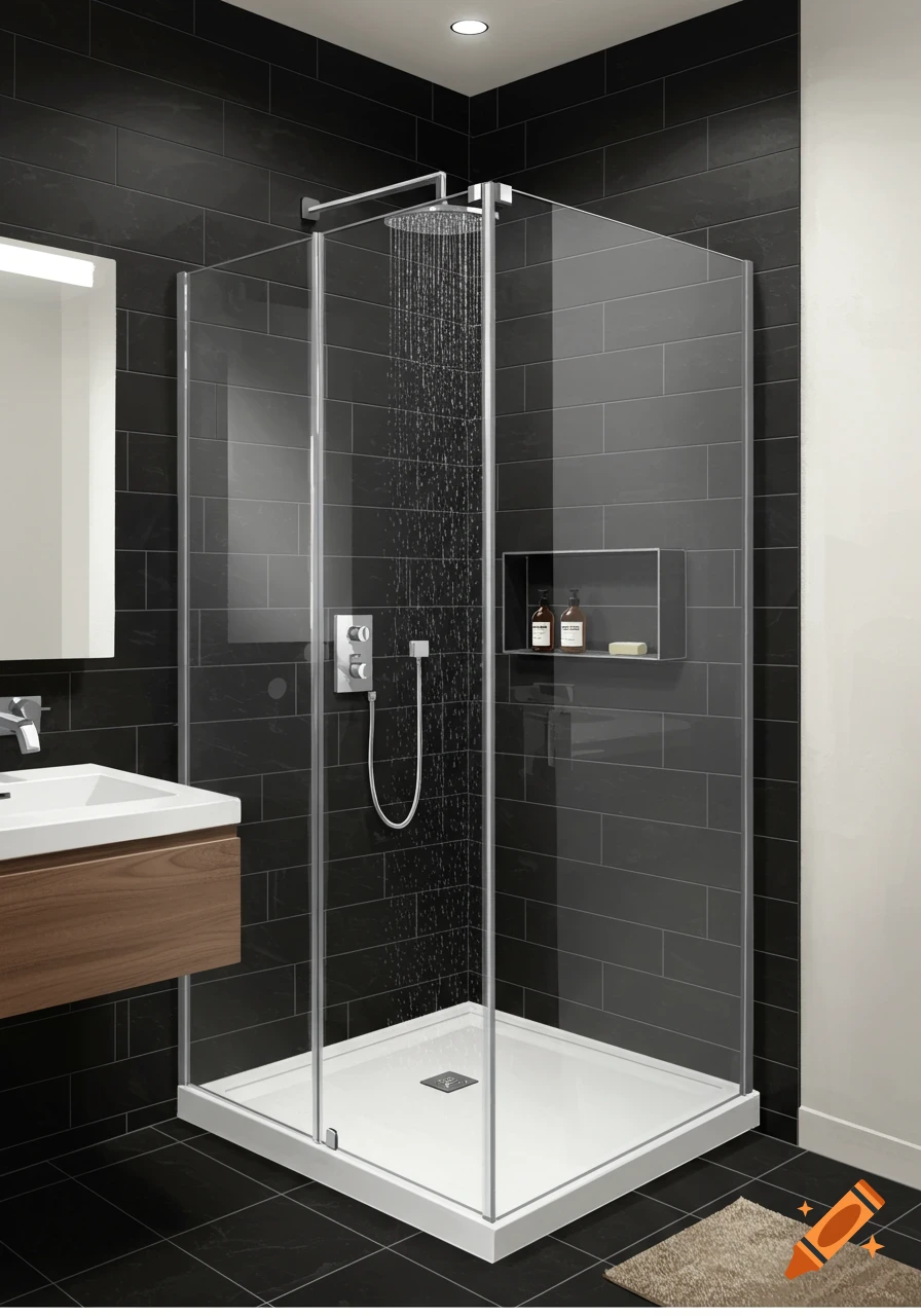 A modern bathroom featuring a walk-in glass shower enclosure, black tiled walls, a white shower pan, and a wooden vanity with a sink.