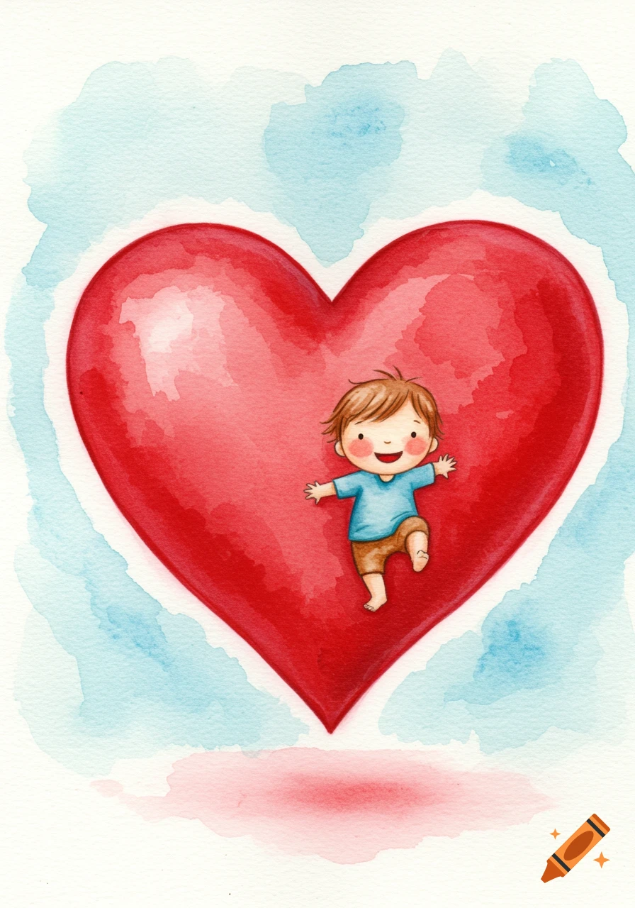 A watercolor painting of a smiling child standing on a large red heart, surrounded by soft blue and pink watercolor washes.