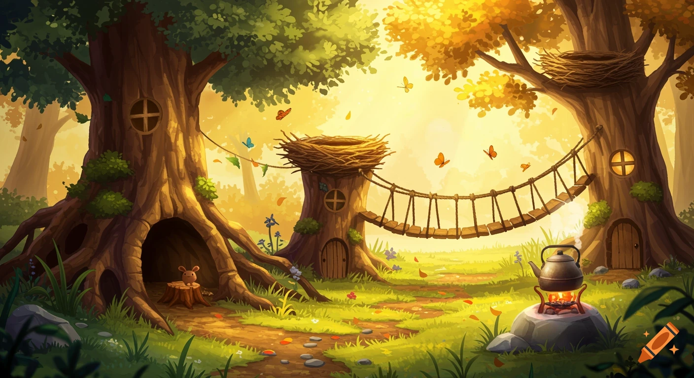 A whimsical storybook meadow at golden hour, featuring tree homes with a rope bridge, a mouse, and a steaming kettle.