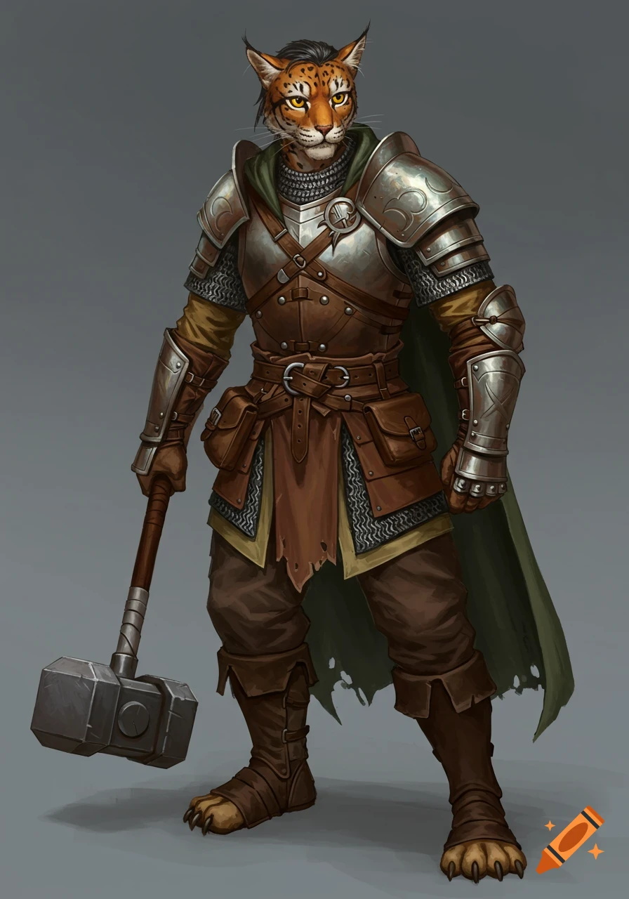 A fierce, cat-like humanoid warrior in detailed plate and chainmail armor, holding a large two-handed maul, standing against a grey background.