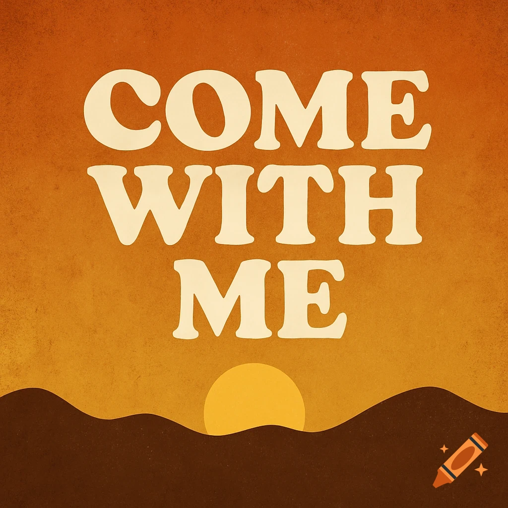 Retro-style album cover with bold cream text 'COME WITH ME' over an orange sunset and dark hills.