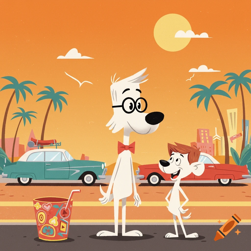 Mr. Peabody and Sherman stand on a street in a vibrant, retro cartoon style, with classic cars and palm trees.