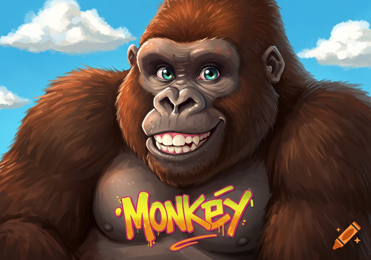 A grinning cartoon gorilla with green eyes and brown fur has the word 'MONKEY' graffitied on its chest, under a blue sky with clouds.