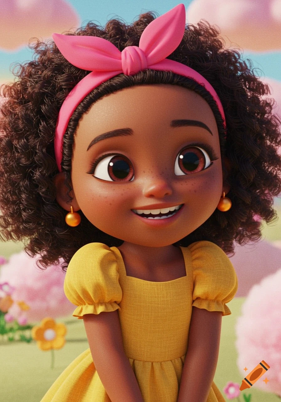 A cute animated brown girl with curly dark hair and a pink bow, smiling in a yellow dress.
