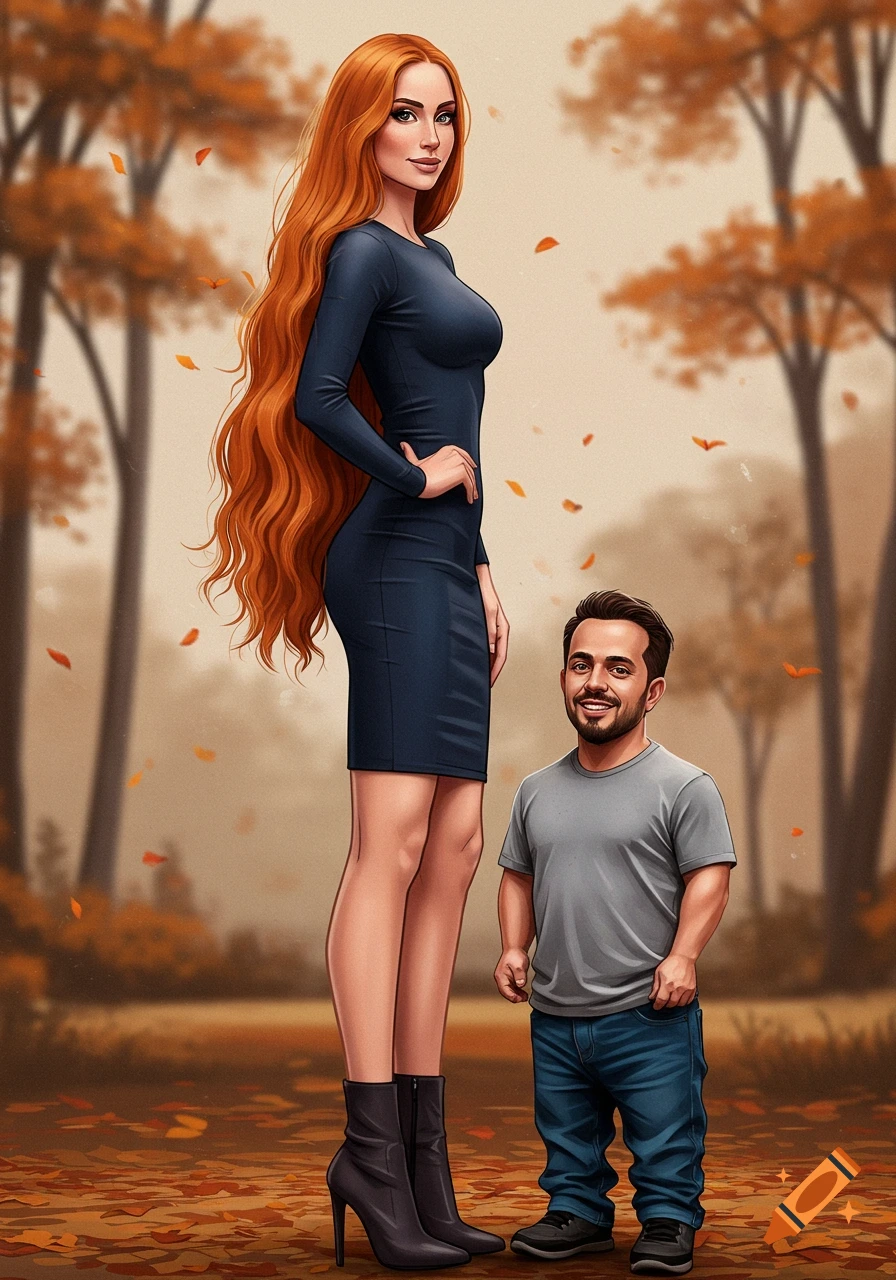 An illustrated tall woman with long red hair and a short man stand together in an autumn forest.