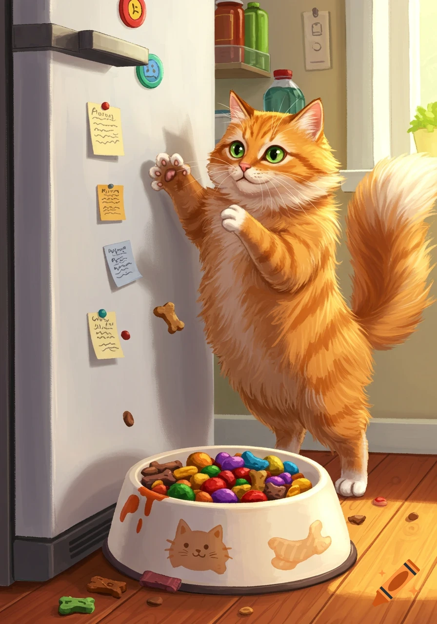 A fluffy orange cat stands on its hind legs next to a white refrigerator, reaching out with a paw. A colorful bowl of pet food sits on the wooden floor.