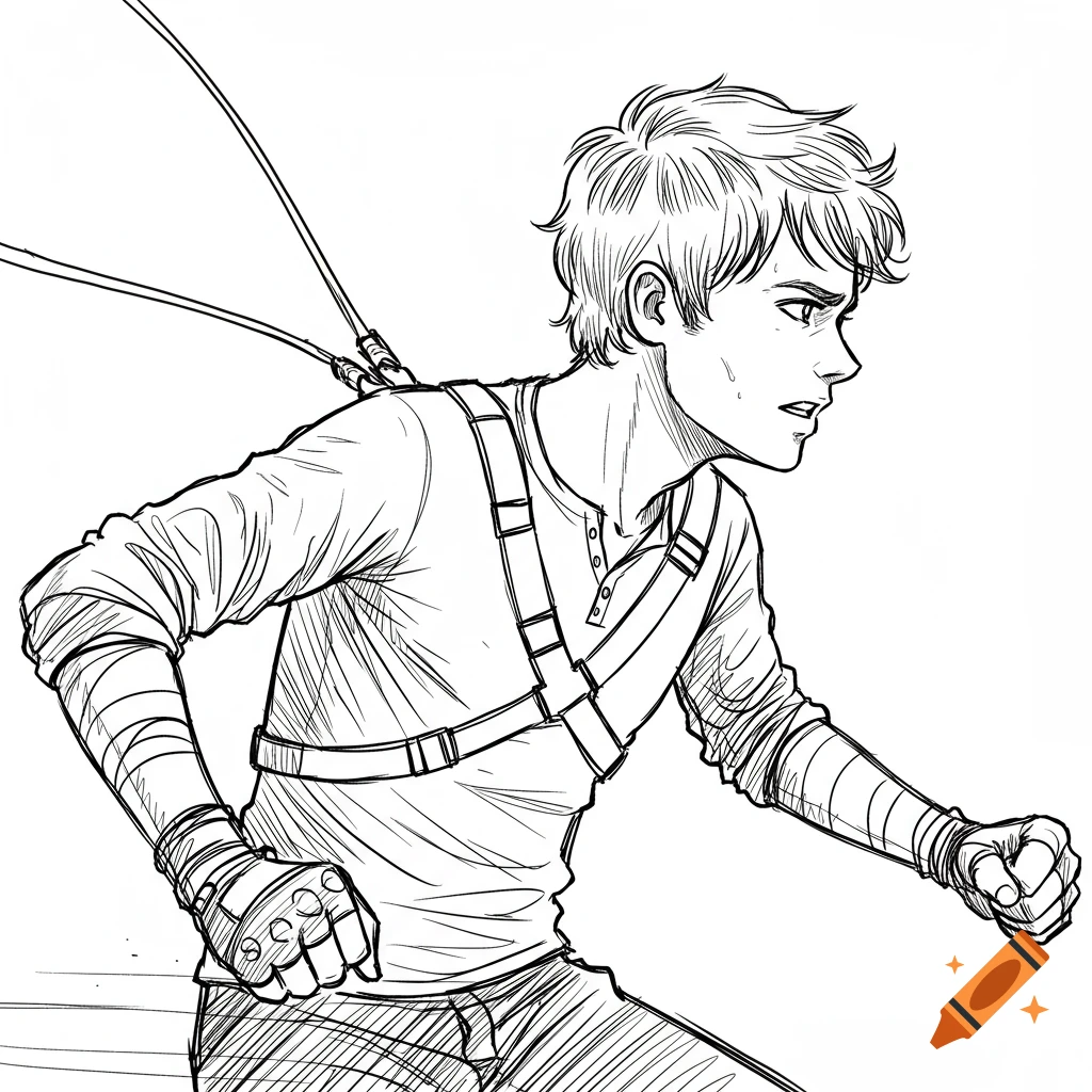 A sketchy line-art drawing of Newt from The Maze Runner, a young man with a harness and arm wraps, depicted sideways in a ready pose.