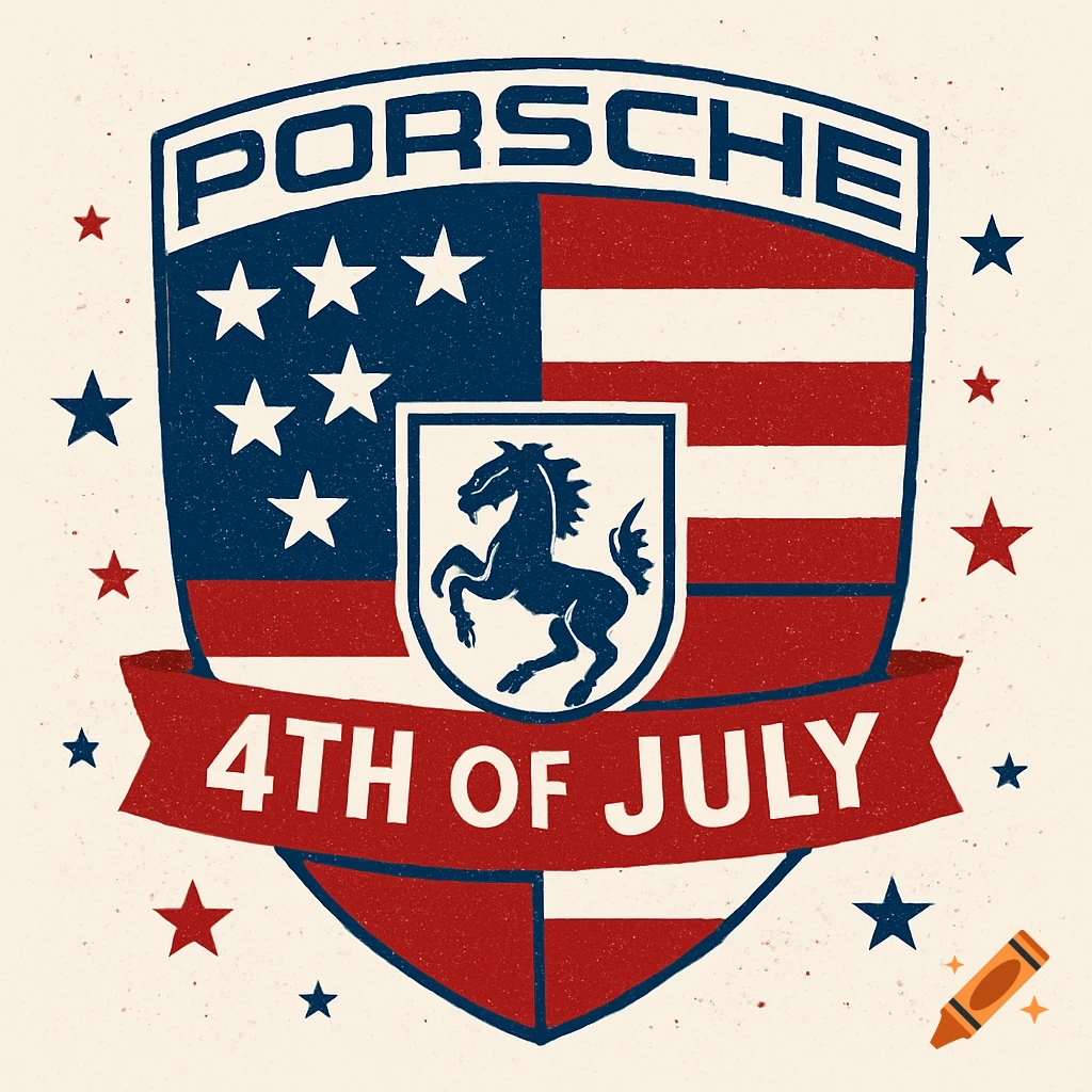 A shield-shaped logo featuring the American flag and a Porsche horse emblem, with 'PORSCHE' and '4TH OF JULY' text, in a vintage style.