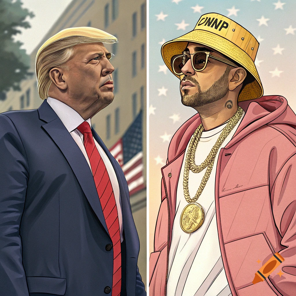 Split illustration of Donald Trump in a suit and tie on the left, and a stylized man resembling Bad Bunny in a pink jacket and yellow bucket hat on the right.