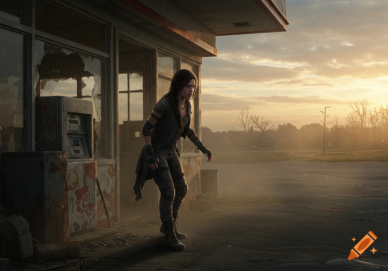 A woman in dark, tactical clothing crouches cautiously inside a derelict gas station at sunset, with broken windows and a dusty, abandoned look.