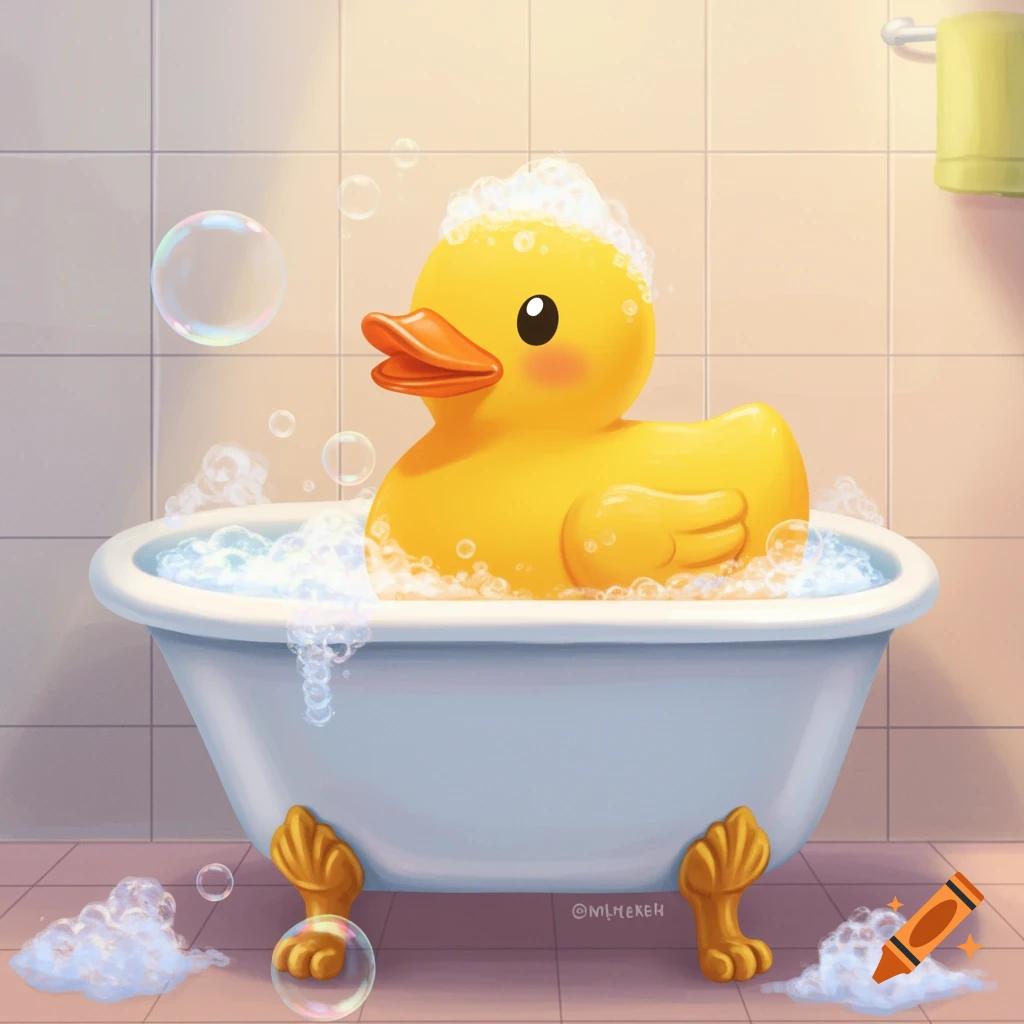 A cute, yellow rubber duck takes a bubbly bath in a white clawfoot tub, surrounded by bubbles.