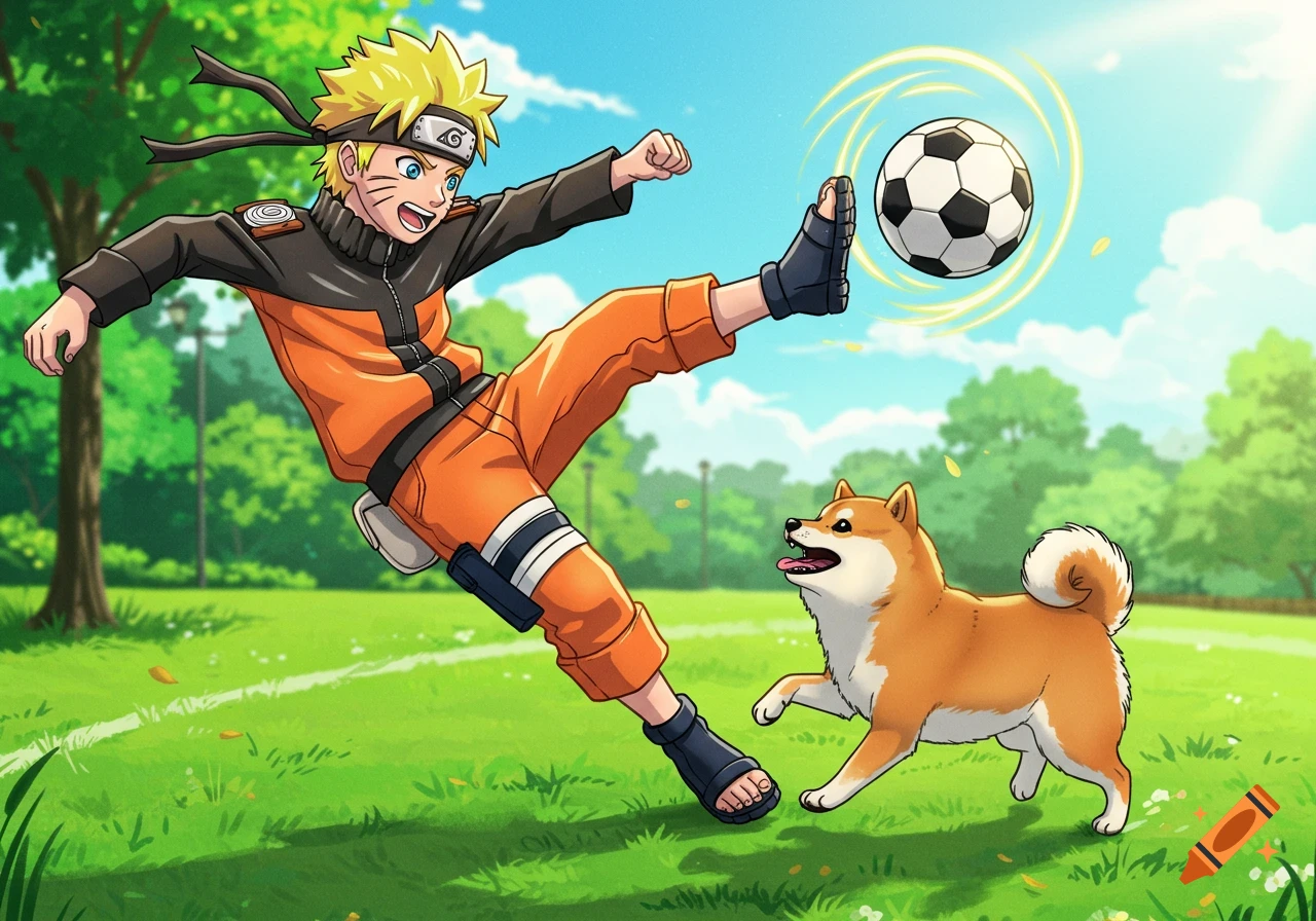 Naruto plays soccer with a cheerful Shiba Inu dog in a bright, green park, drawn in an anime style.