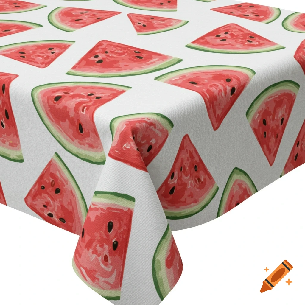 A white tablecloth with a vibrant pattern of watercolor-style watermelon slices on it.