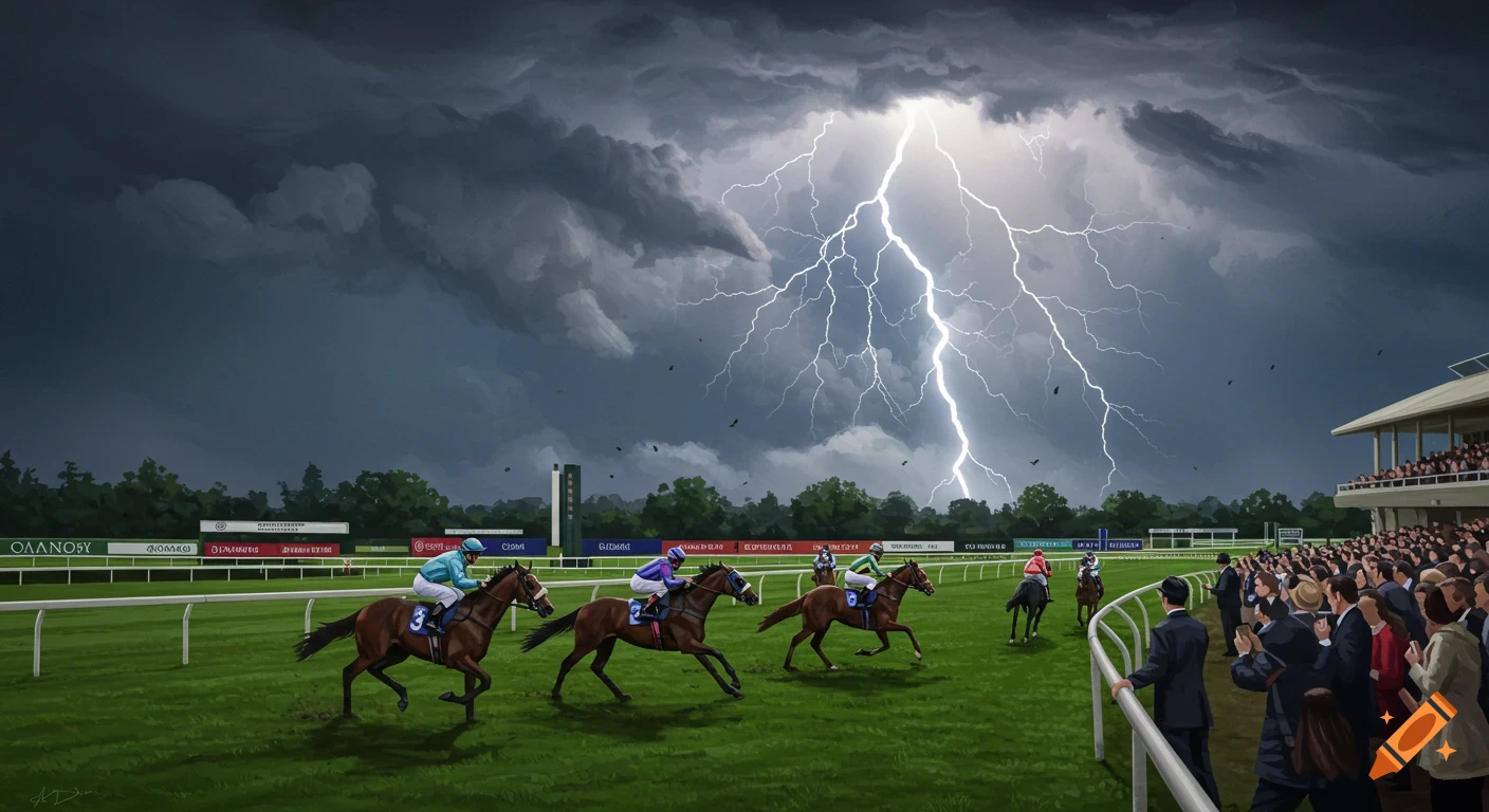 A dramatic painting of a horse race under a stormy sky with lightning striking. Jockeys on horses run on a green track.