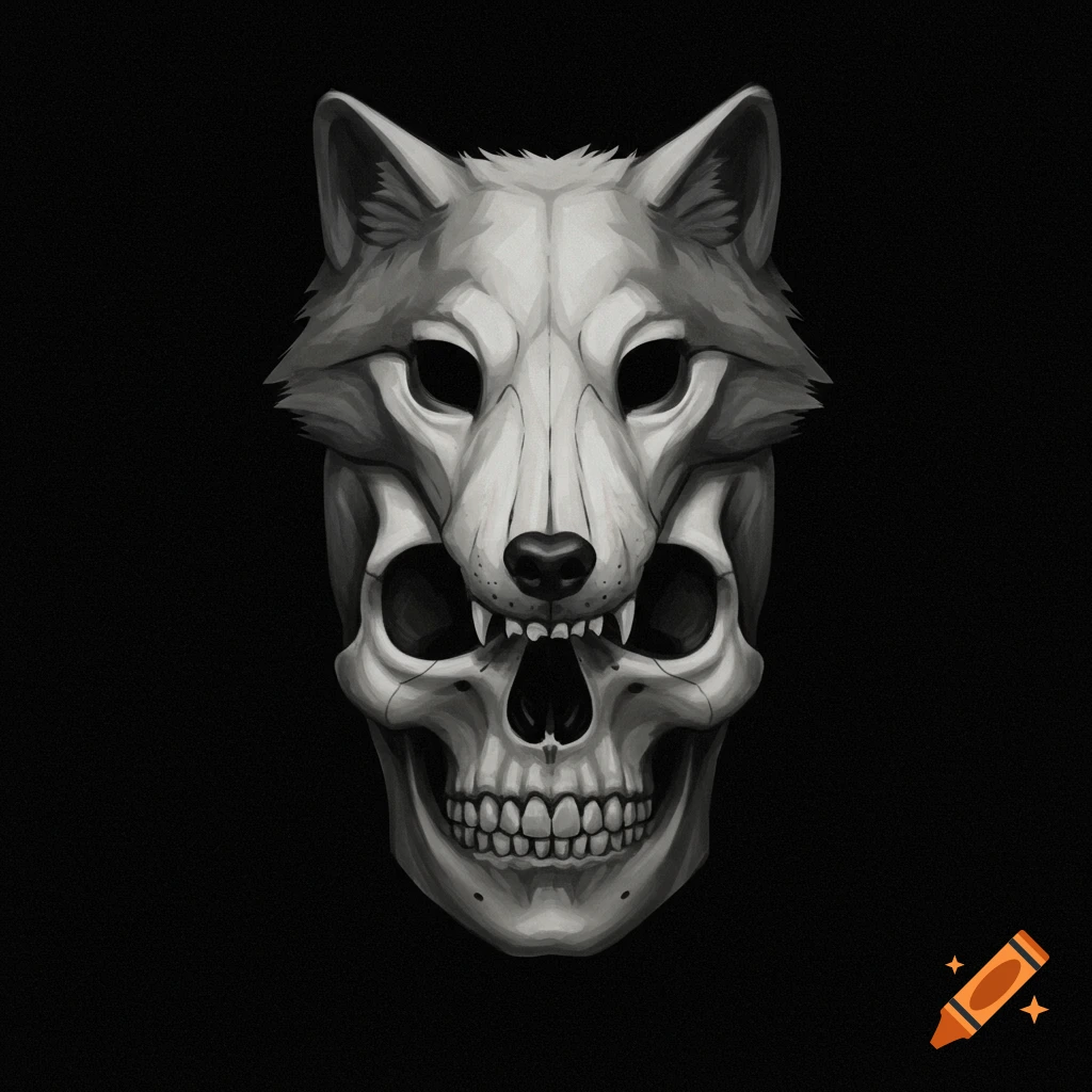 A grayscale illustration of a wolf skull overlapping a human skull on a black background.