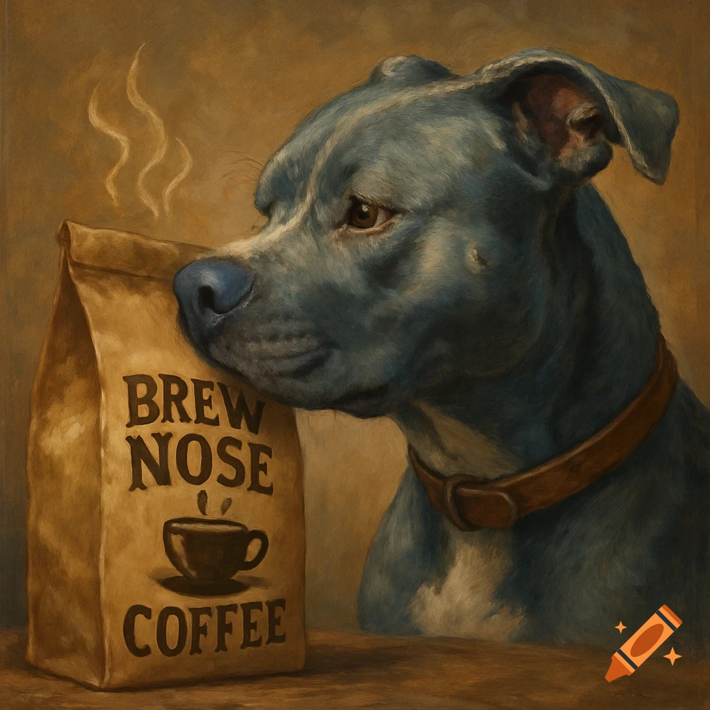 A blue pit bull dog smells a bag of coffee labeled 'BREW NOSE COFFEE' in a realistic painting.