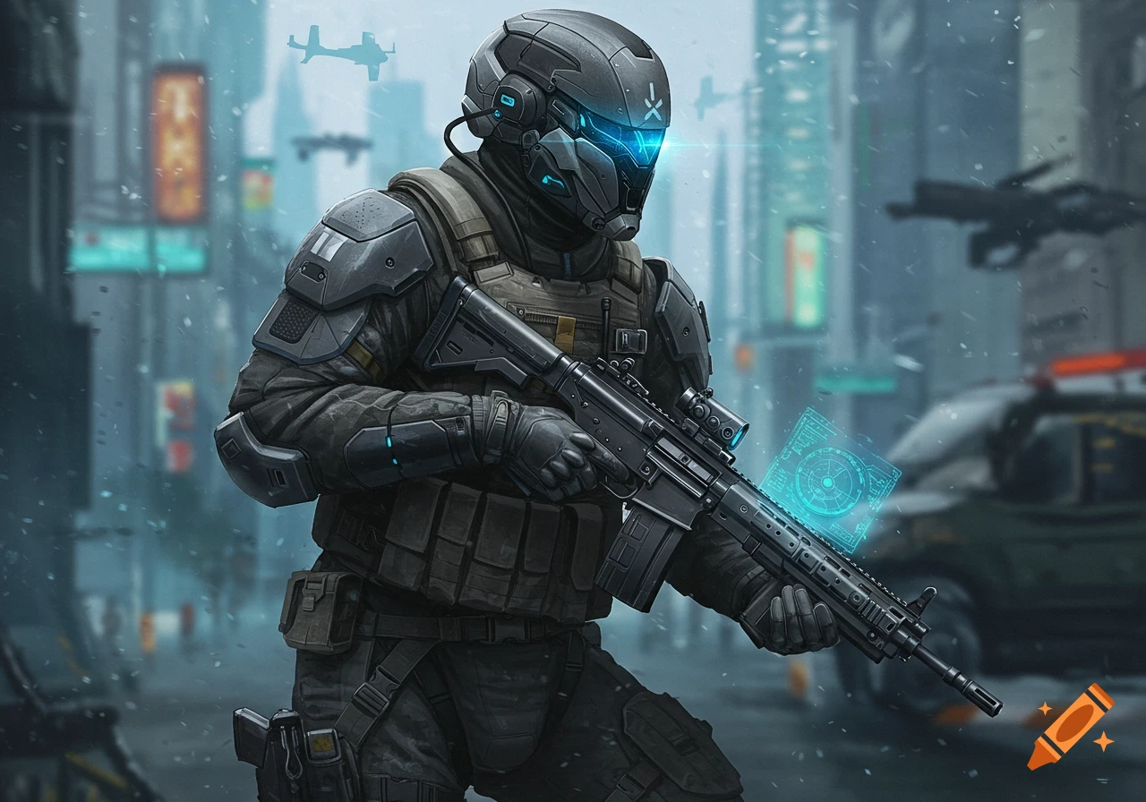 A futuristic soldier in dark armor with glowing blue accents holds an assault rifle with a holographic display floating near his hand, in a snowy cyberpunk city.
