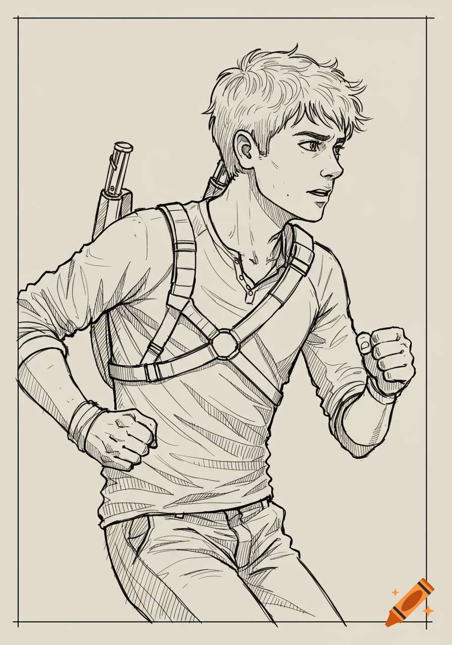 Line art sketch of Newt from The Maze Runner, a young man in a running harness, looking sideways with a determined expression, ready for action.