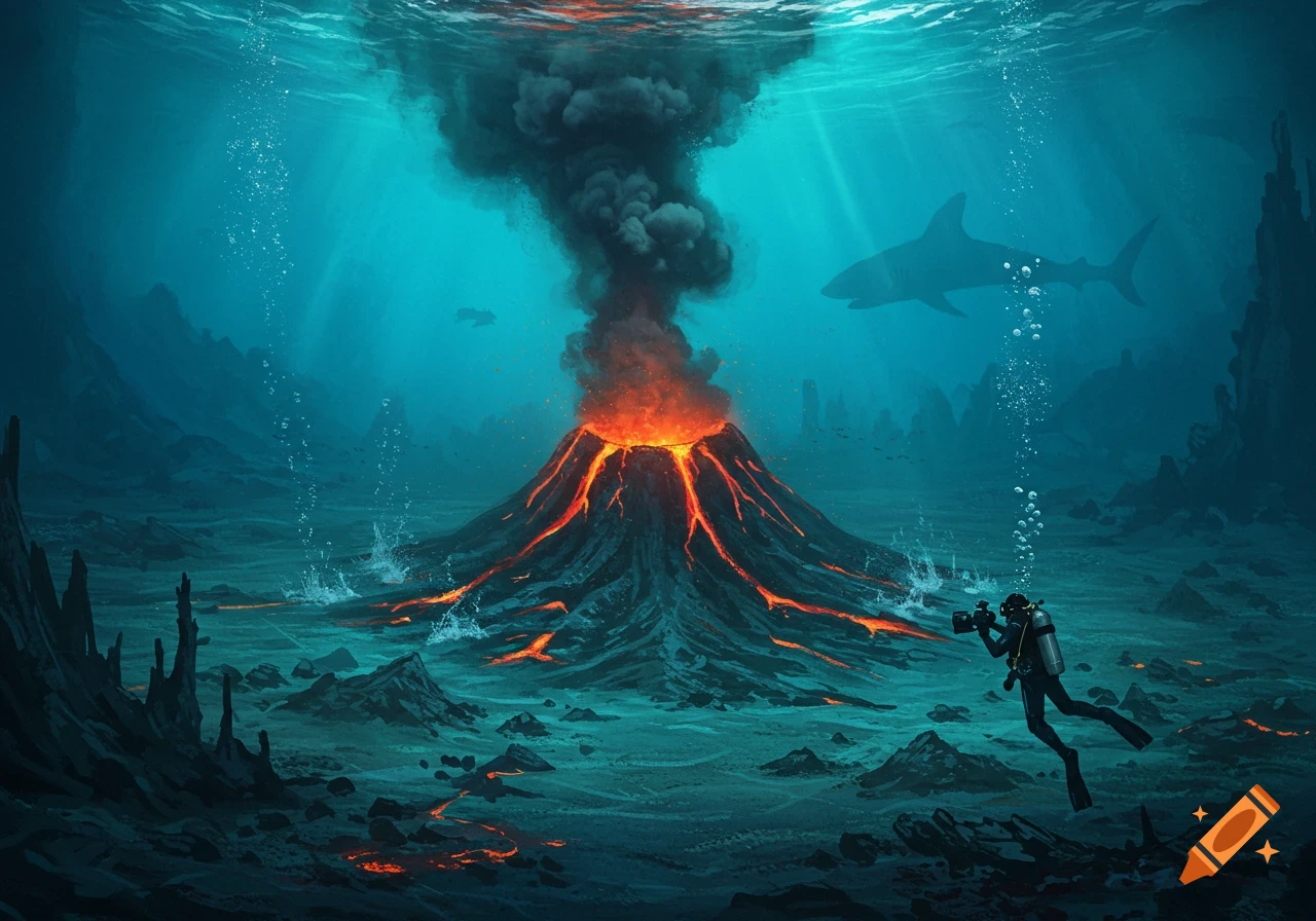 An underwater volcano erupts with smoke and glowing lava, while a diver observes and a large shark swims in the background.