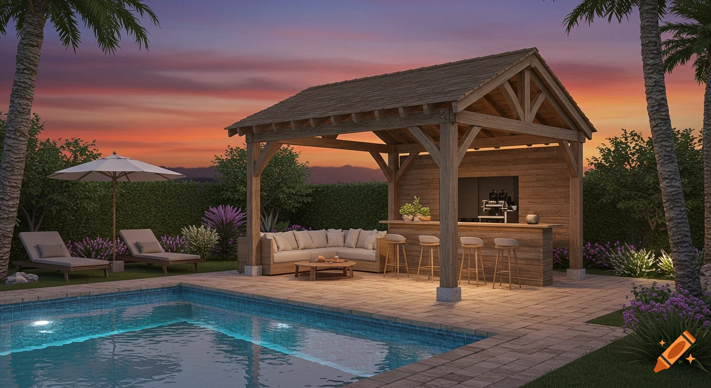 A photorealistic backyard with a rectangular pool, a timber frame pavilion with a bar, and lounge chairs at sunset.