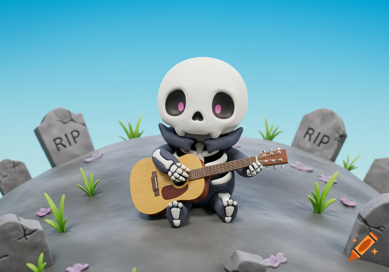 A cute cartoon skeleton with big pink eyes sits on a gray hill, playing an acoustic guitar, with tombstones in the background, in a Pokémon art style.