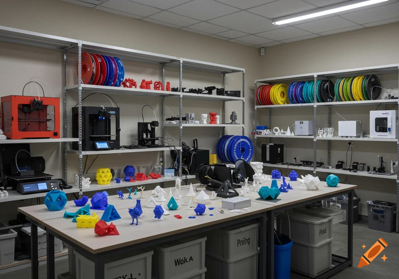 A modern 3D printing workshop with various 3D printers, colorful filament spools, and numerous printed models on shelves and a large table.