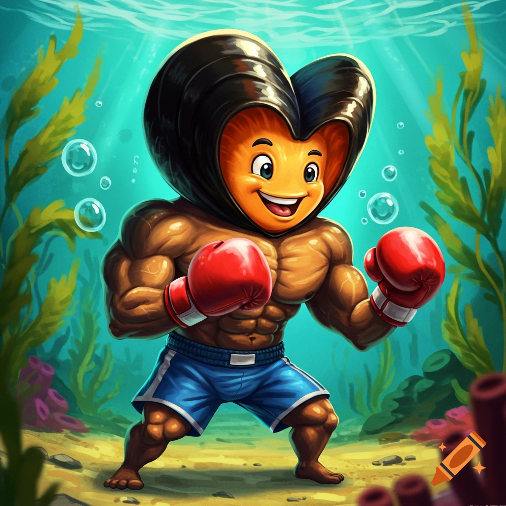 A muscular cartoon mussel wearing boxing gloves and blue shorts stands underwater amidst seaweed and bubbles.