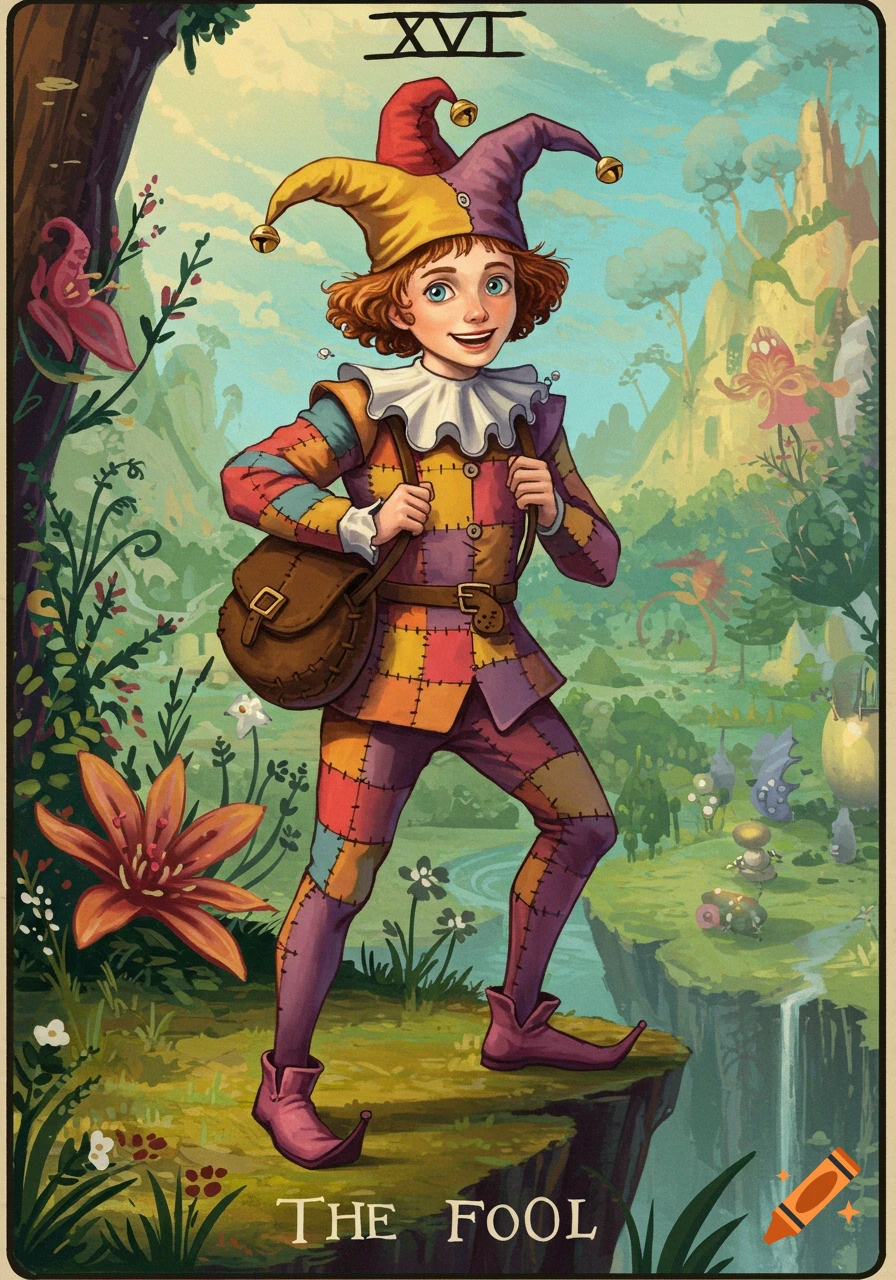 Illustration of 'The Fool' tarot card, showing a cheerful jester in colorful patchwork clothes on a cliff edge.