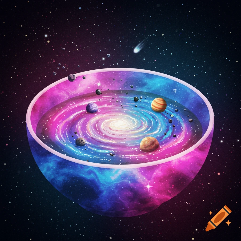A vibrant cosmic scene featuring a bowl filled with a swirling galaxy, planets, and asteroids, set against a starry background.