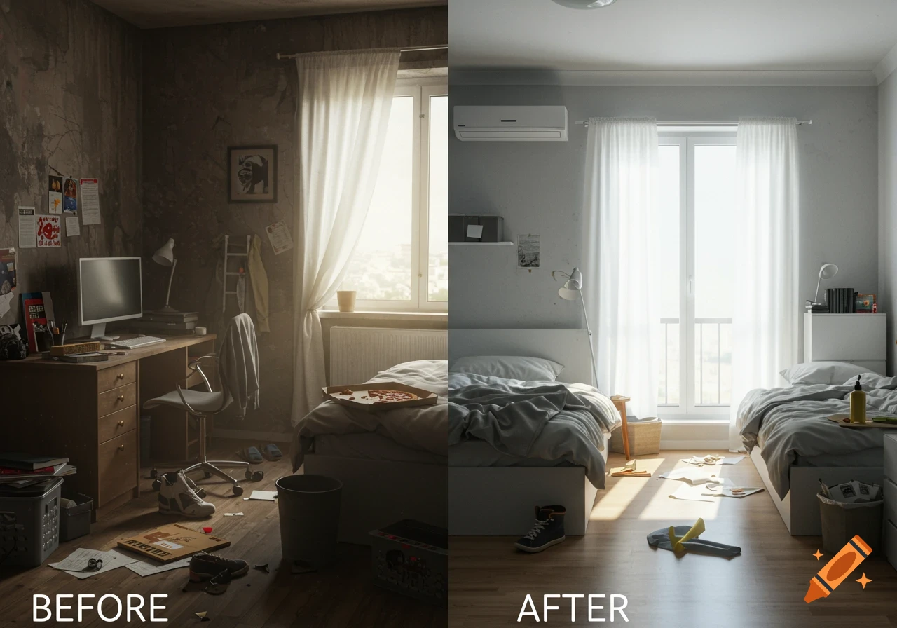 A split image of a bedroom, showing a messy, dirty room on the left (BEFORE) and a clean, tidy room on the right (AFTER).
