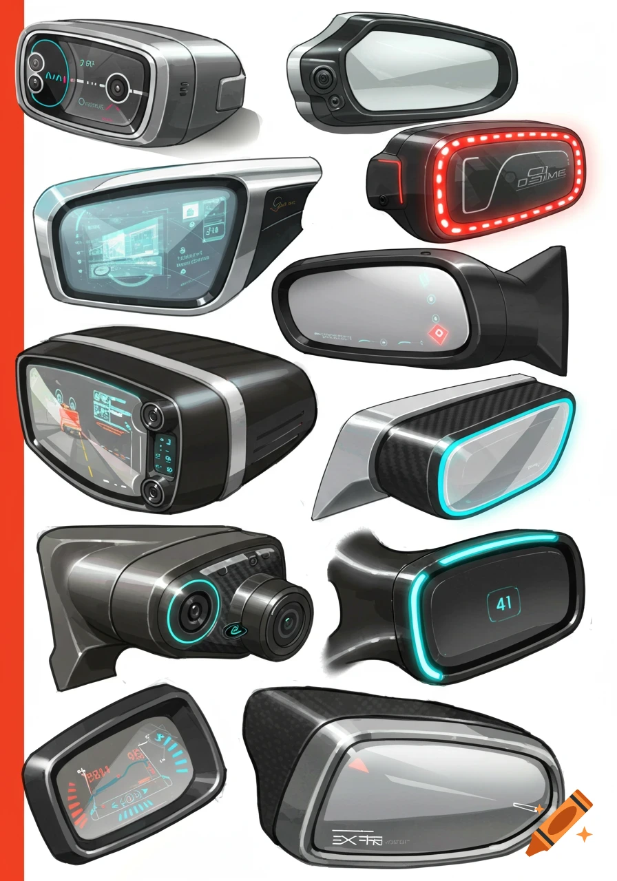 Concept art of various futuristic car rear-view mirrors and dashboard display ideas with digital screens and light accents.