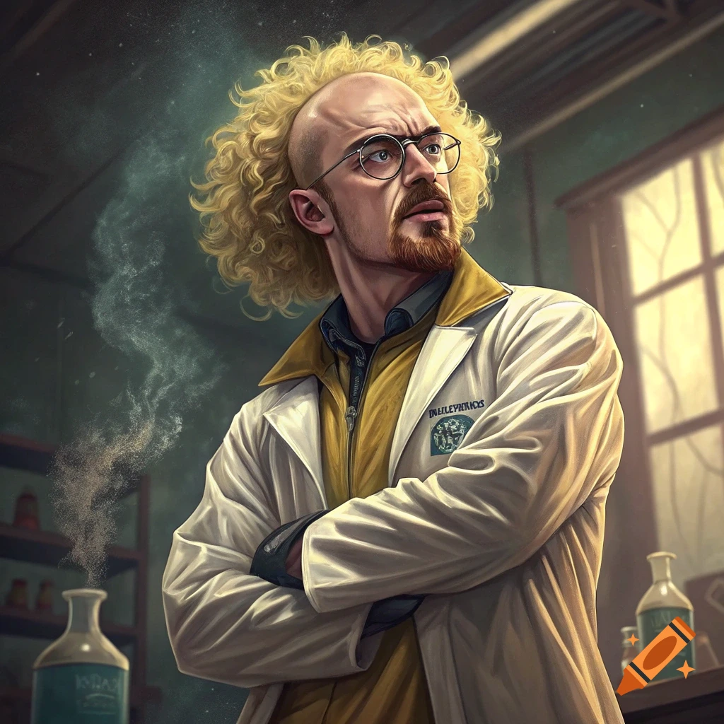 A stern man with curly blonde hair, a goatee, and glasses in a lab coat stands in a smoky laboratory.