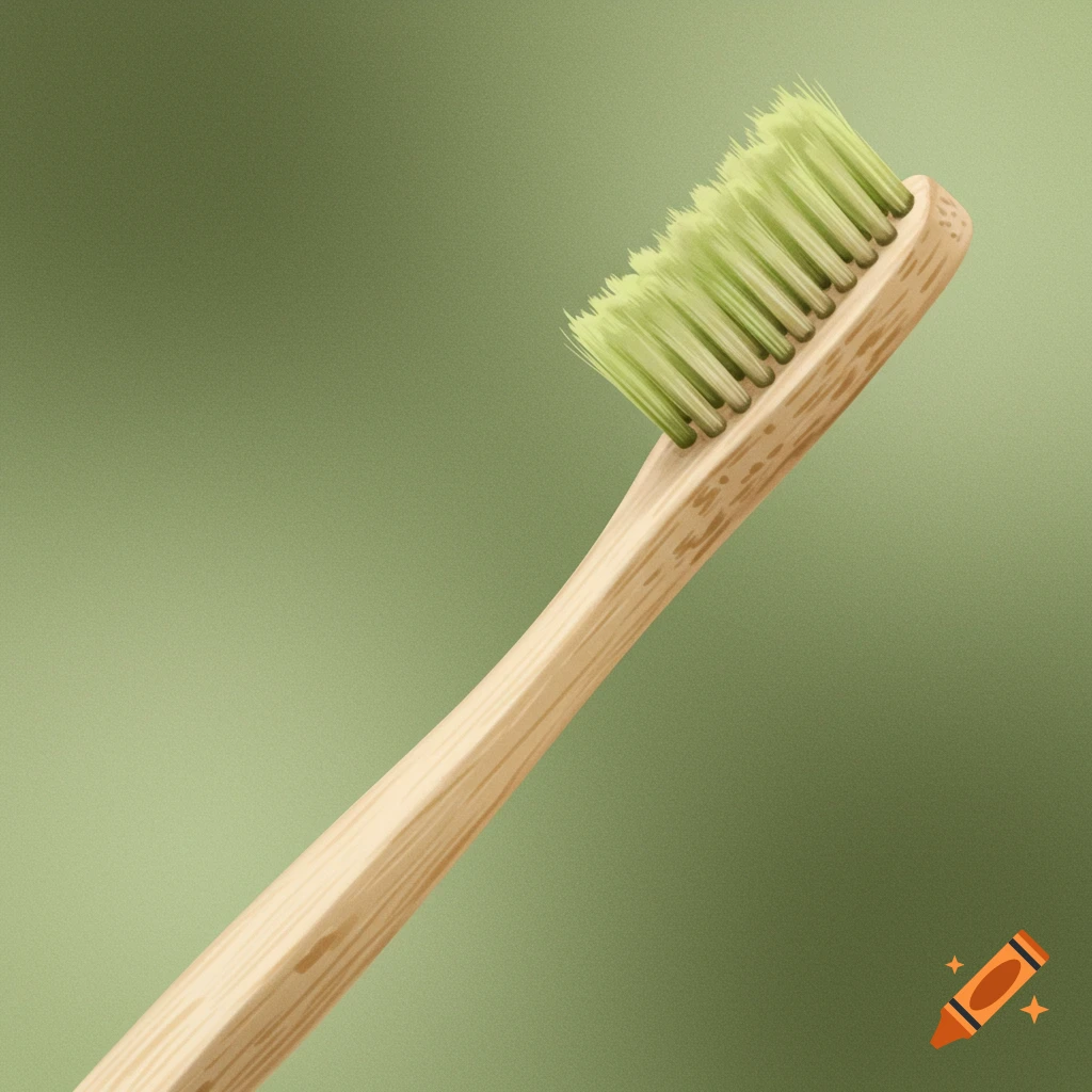 A close-up of a biodegradable wooden toothbrush with green bristles on a green background.