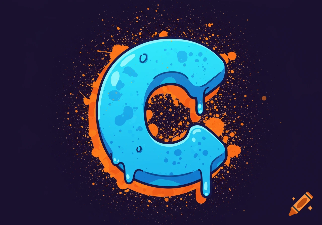 A vibrant blue cartoon-style letter C with a dripping effect, surrounded by orange paint splatters on a dark background.