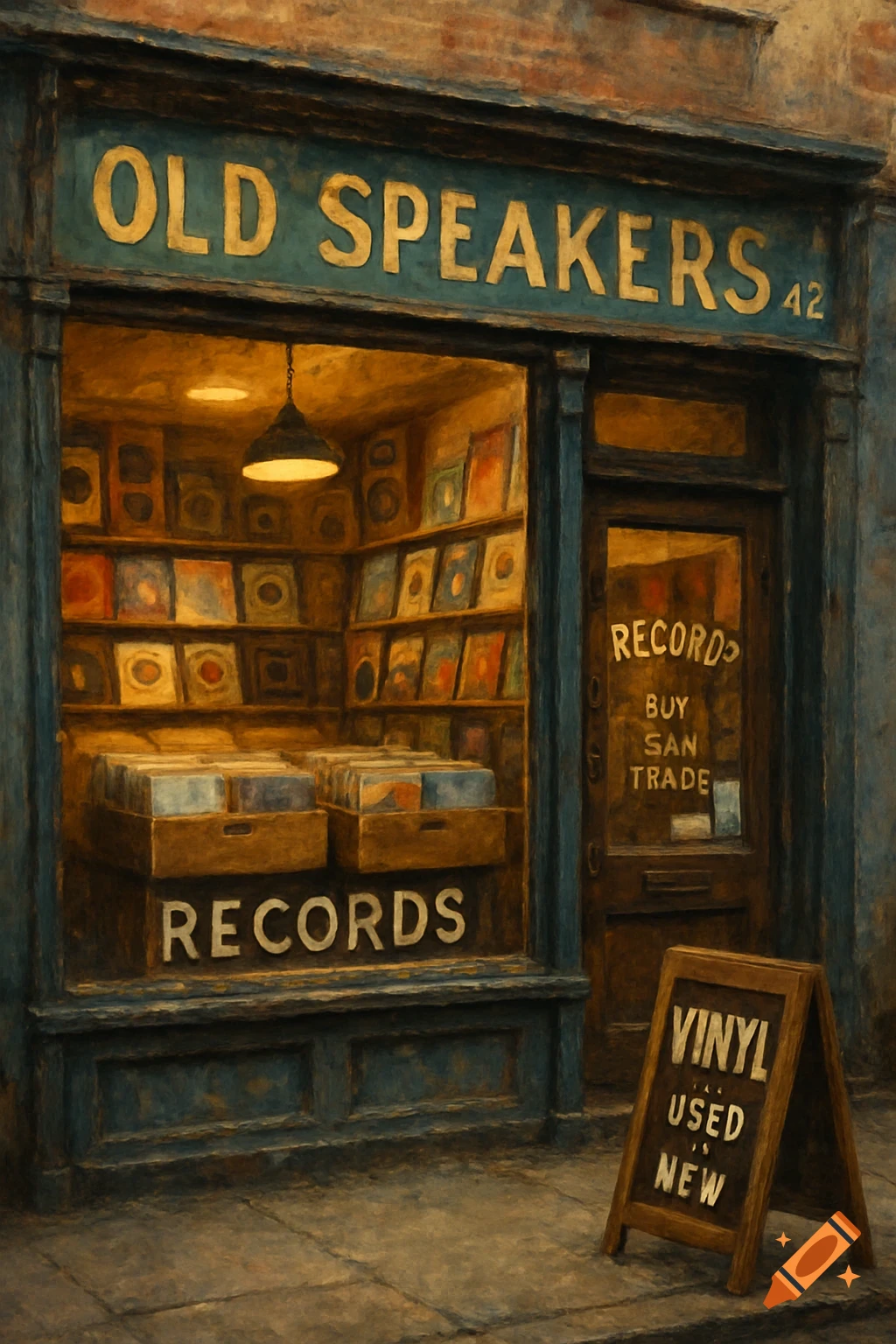 A vintage-style painting of a record shop storefront, with 'OLD SPEAKERS' on the sign and records visible in the window.