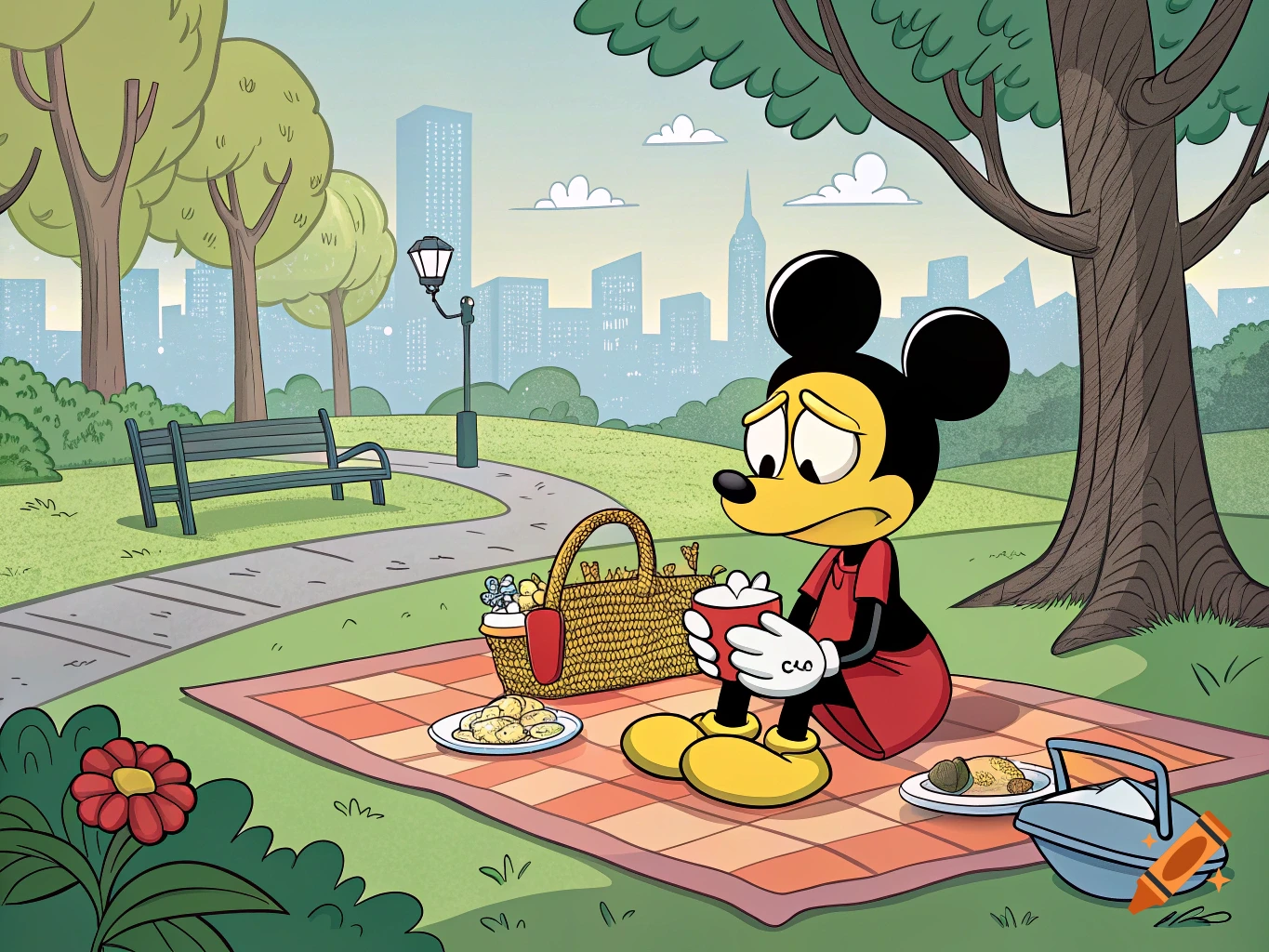 Sad Mickey Mouse sits alone on a picnic blanket in a city park with a skyline in the background, holding a cup in a cartoon style.